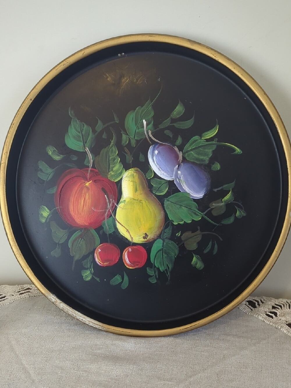 Vintage Handpainted Tole Style   Black Lacquer Metal Serving Tray Wall Decor